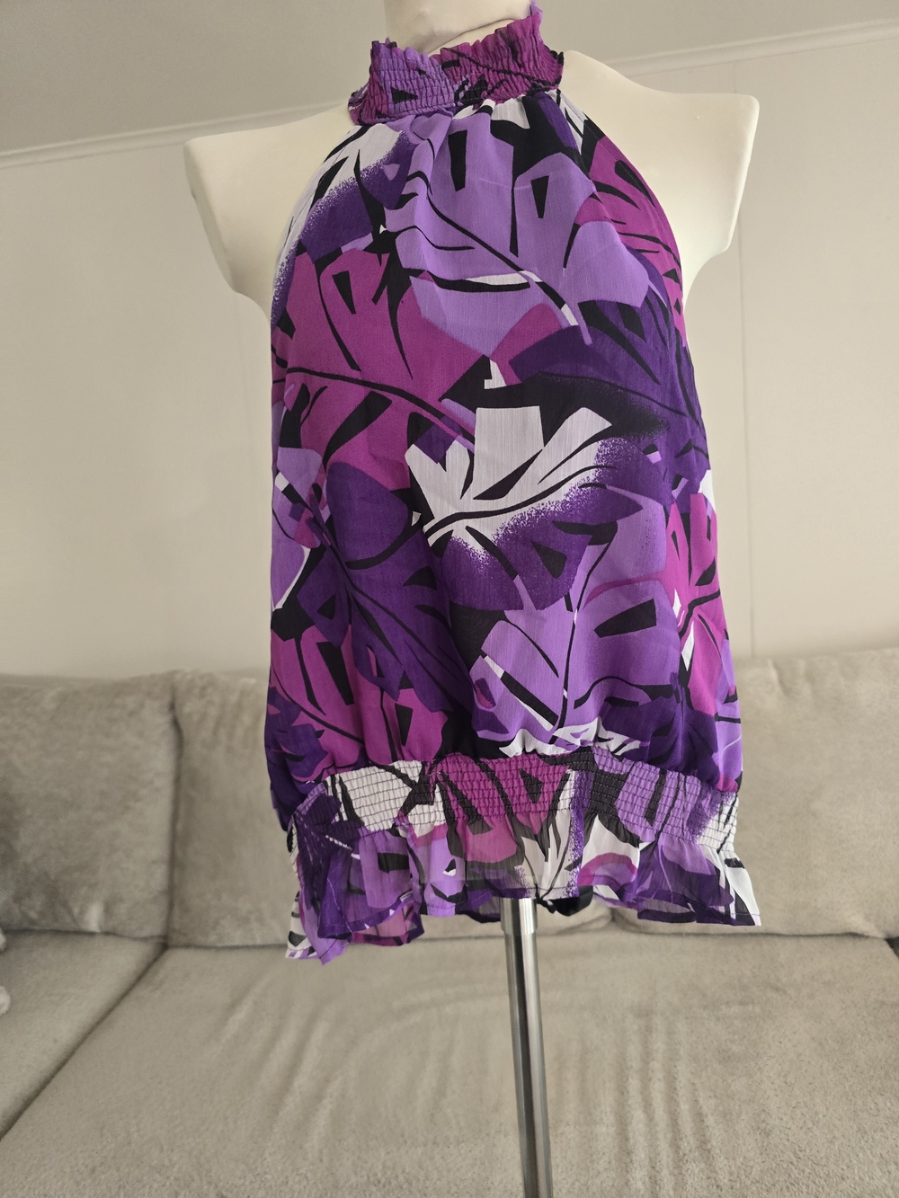 Forever 21 Purple Floral Halter Top with Smocked Neck